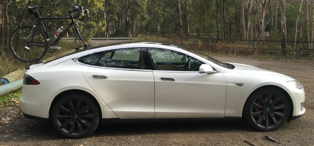 SeaSucker Talon mounted towards the rear of the Tesla Model S